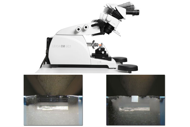 [Translate to italian:] Eucentric movement of the EM UC7 microscope carrier. Left: sectioning at the knife edge with a lower water level without optimal positioning of the optical head. Right: section is made visible by putting the optical head in its optimal position.

