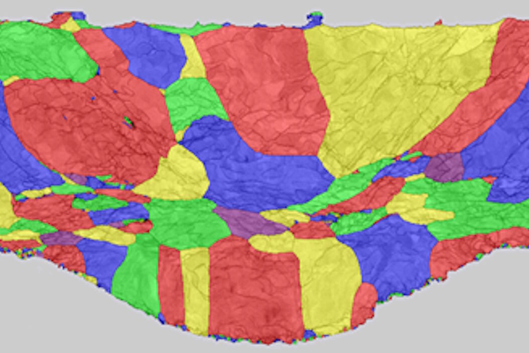 EBSD grain size distribution of the cross section of a gold wire within a silicon matrix from inside a CPU (central processing unit of a computer). The grains are highlighted with arbitrary colors. EBSD_grain_size_distribution_of_the_cross_section_of_a_gold_wire.jpg