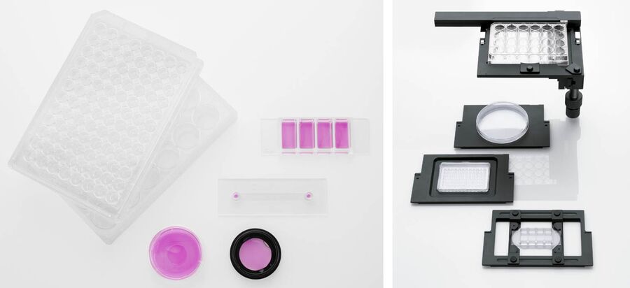 Vessels typically used for mammalian cell cultures (left). Some microscopes provide object guides with dedicated holding frames for all kinds of containers (right). 