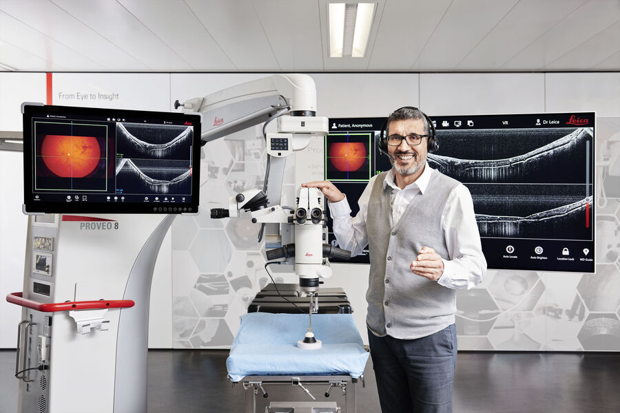 Picture of Clinical Marketing Manager Oscar Portilla during a remote product demo of the Proveo 8 ophthalmic microscope with built-in EnFocus OCT.