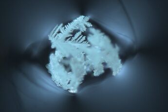 Fig. 5b: Recrystallised zirconium oxide forms typical crystal aggregates in a knot. Glass inclusion with high photoelasticity in the surrounding glass, transmitted light polarisation contrast + oblique incident illumination, HC PL Fluotar 5x,  image width: 2 mm.