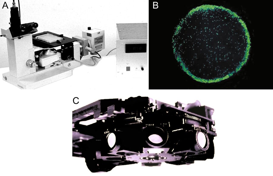 a) Leica inverted fluorescence microscope with multi-wavelength epi-illuminator. b) Terasaki® plastic tray with human lymphocytes after a fluorescence cytotoxicity test for transplantation research imaged with epi-illumination and an inverted microscope. c) Leitz motorized epi-illuminator with eight filter cubes (blocks).