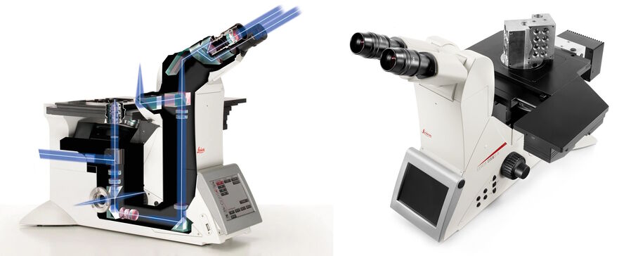 Left: the path of light through the optics of an inverted microscope. Right: a tall sample being observed with an inverted microscope.