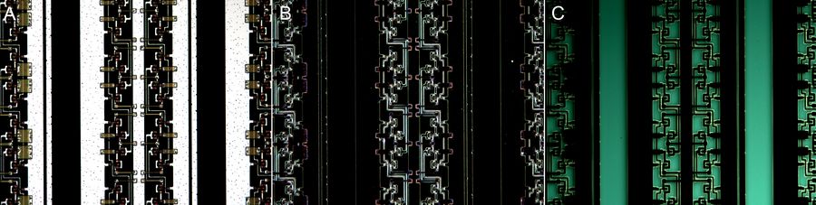 Optical microscope images taken of the same area of a patterned wafer with A) brightfield, B) darkfield, and C) fluorescence illumination. Organic material like photoresist and contamination appear dark in the brightfield and darkfield images, but with a greenish tint in the fluorescence image.
