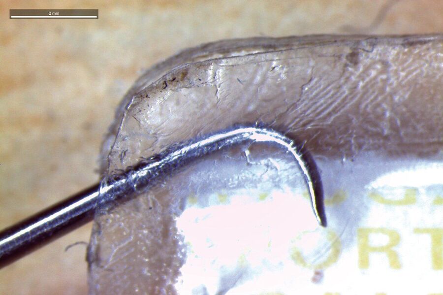 A microtool is used to raise this “alien foil” at one corner of the ID card. 