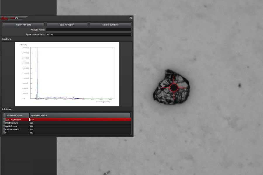 Image of a particle which has been analyzed with LIBS. The LIBS spectrum shows the particle composition, indicating that is composed of an aluminum (Al) alloy.