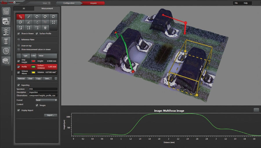 3D image of the SMD part shown above in figure 8. Various measurements, such as profile, step height, and volume, have been made.