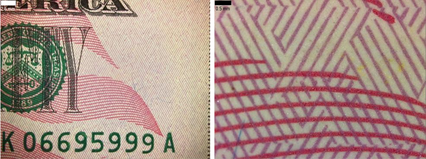 US Dollar bill with more detail seen after zooming in (right).