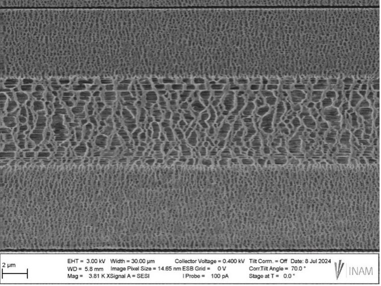 SEM images of Lithium Ion Battery (LIB) trilayer polymer separator prepared in atmosphere-controlled workflow. Courtesy: Prof. Dr-Ing. Silke Christiansen INAM eV laboratory, Forchheim, Germany. 