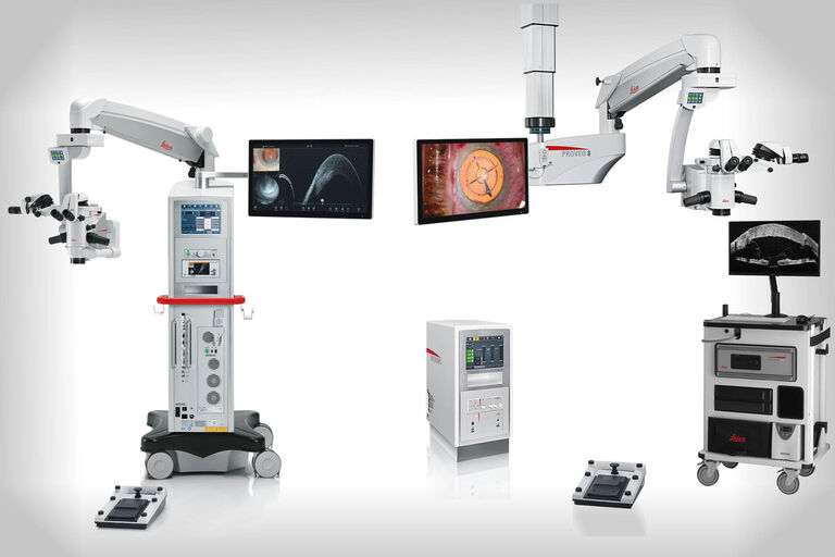 Left: Proveo 8 floor stand microscope with built-in EnFocus intraoperative OCT.
Right: Proveo 8 telescope mount CT42 with external tower unit & EnFocus intraoperative OCT cart solution. 
