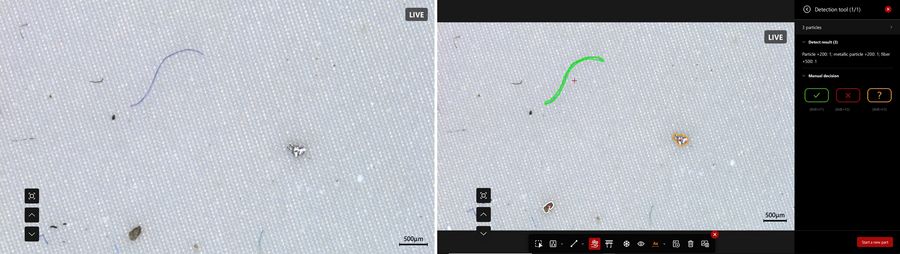 Example of analysis of particles and fibers on a sample with Aivaro AI Feature Detection.