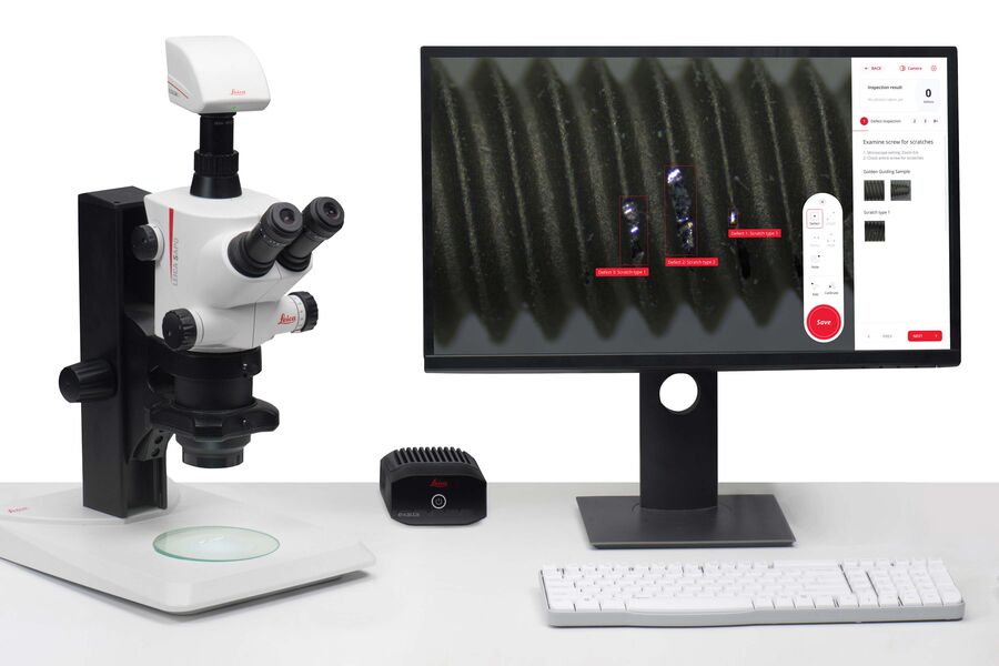 Estereomicroscópio S APO Greenough com câmera de microscopia FLEXACAM C1 e dispositivo smart Exalta para microscopia rastreável.