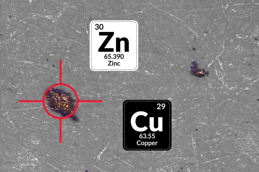 레이저 분광법으로 타깃한 입자를 보여주는 구리(Cu) 및 아연(Zn) 합금으로 이루어진 황동의 이미지.