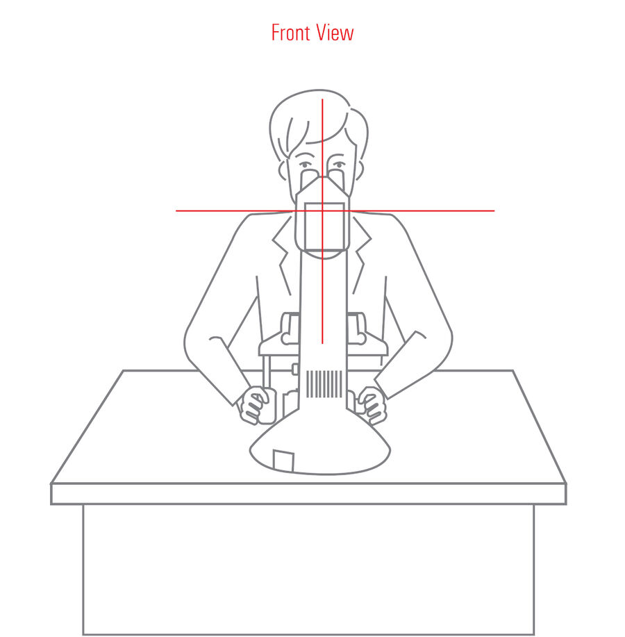 A comfortable posture when using the microscope: Shoulders are level, the spine is straight, and arms are resting at a comfortable angle without stretching thanks to the symmetrical layout of the stage drive and focus knobs.