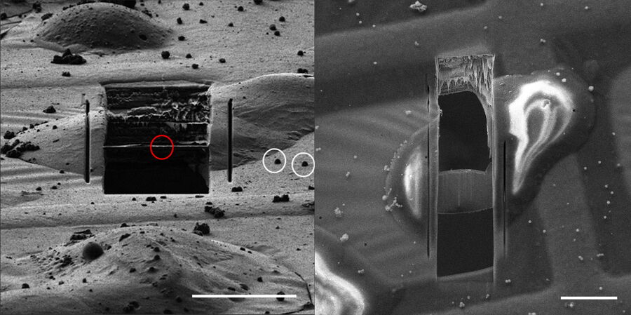 Targeted lamella ion beam view and top SEM view.