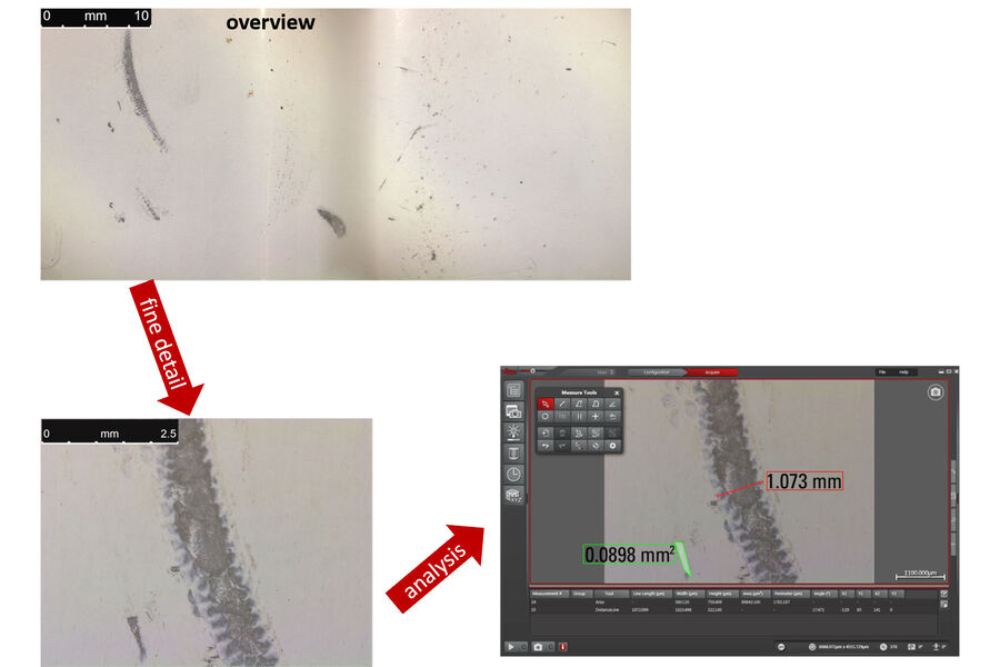 Images of scratches on the painted surface of a metal plate from an automobile body.