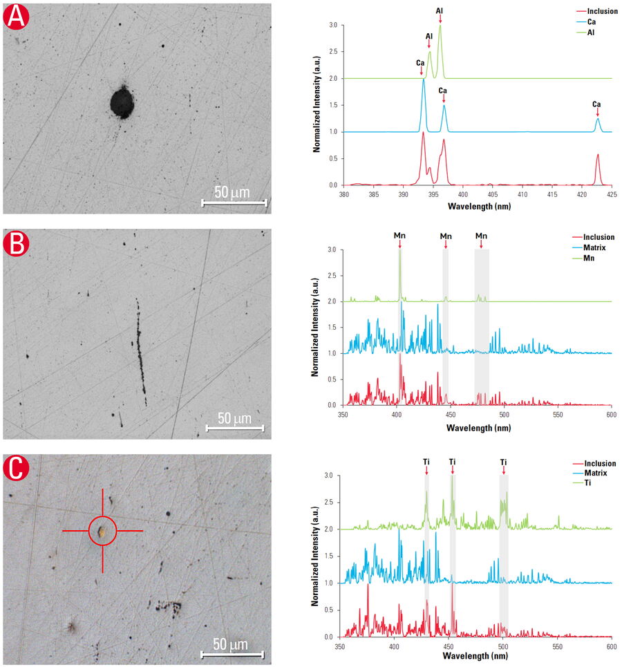 Inclusions in steel examined with the DM6 M LIBS system, where both image and composition data were obtained simultaneously with a single analysis. 