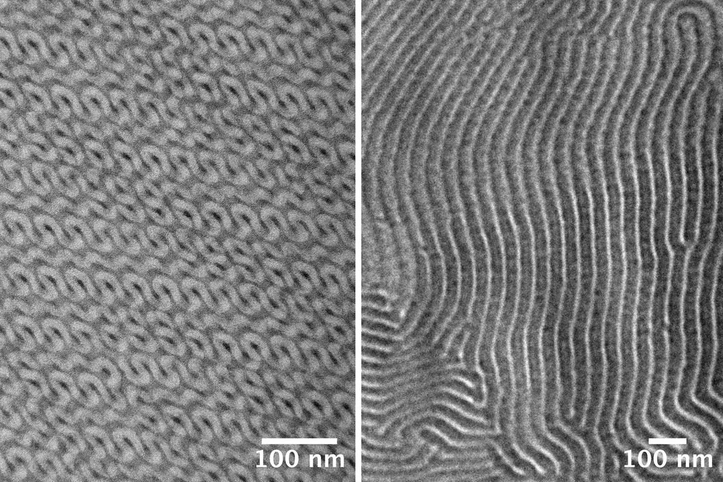 TEM micrographs of polymer sections. Left: Poly(styrene)-b-poly(isoprene). Right: Poly(styrene)-b-poly(methyl methacrylate).  TEM_micrographs_of_polymer_sections_teaser.jpg
