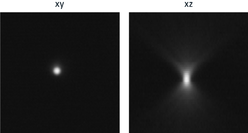 Projections of a point light source in the lateral (xy) and vertical (xz) planes using a widefield microscope.