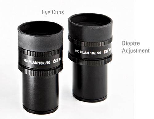 Most eyepieces have removable or bendable eye cups to block out some of the ambient light. Moreover they will force the users into the optimal distance to the eyepiece. Thus users wearing glasses should take off the eye cups. With the help of the dioptre adjustment the eyepieces can be customized to the users’ dioptre.