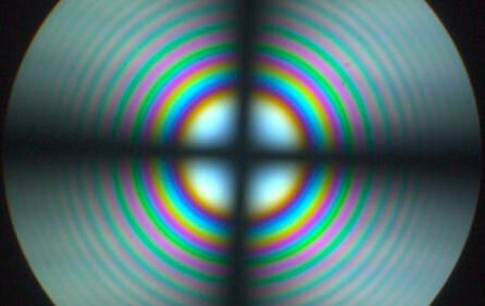 Conoscopic image of the same calcite sample with linear polarized light. The calcite section is perpendicular to the optical axis Conoscopic image of the same calcite sample with linear polarized light. The calcite section is perpendicular to the optical axis