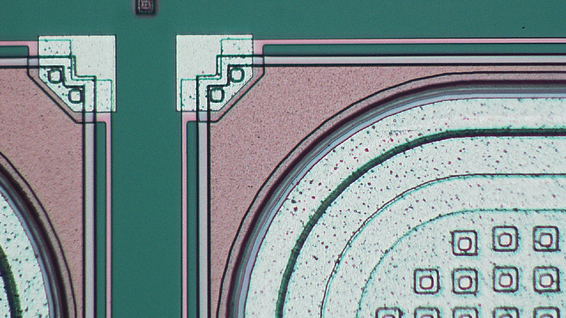 To better see fine details and defects, a semiconductor material can be inspected using a microscope with various types of lighting. This image was taken with coaxial illumination. 