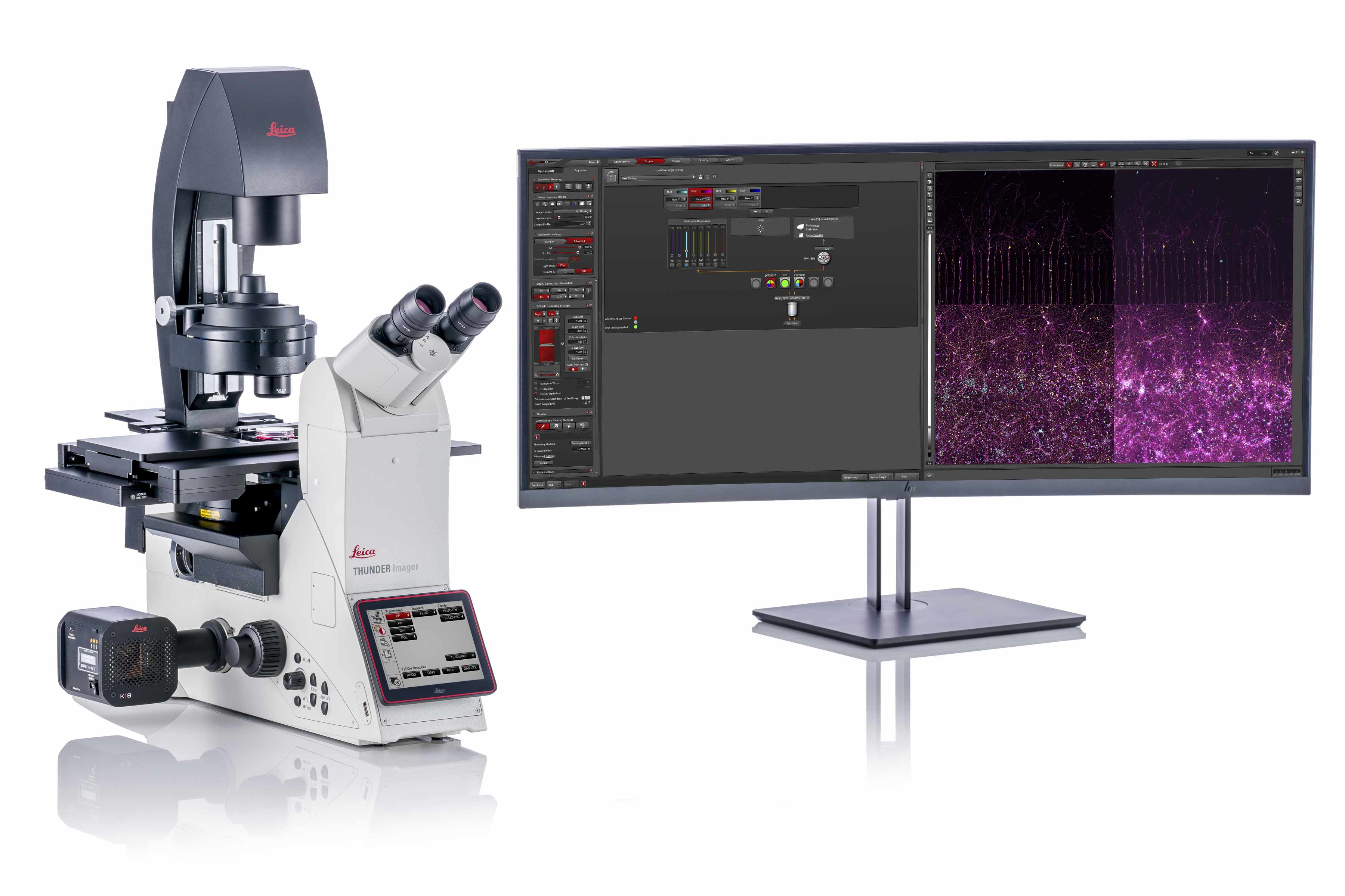 O THUNDER Imager Live Cell e o 3D Cell Culture são baseados em um microscópio DMi8 totalmente motorizado, platina Quantum, uma câmera K8 altamente sensível e fontes de luz LED fluorescentes de alta intensidade e linhas múltiplas. Ele é otimizado para processamento de imagens rápido, em várias posições precisas e multicanais de culturas de células em 3D. 