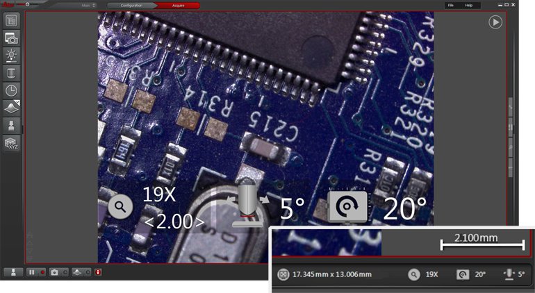 The microscope image shows the encoded parameters: total magnfication (19x), zoom factor (2.00), head tilt (5°), sample rotation (20°), and field of view (17 x 13 mm).